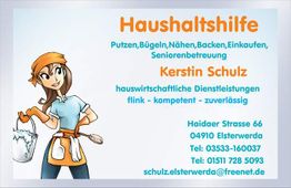 Illustration einer Frau mit Eimer und Besen; Dienstleistungen für Haushaltshilfe; Kontaktdaten.