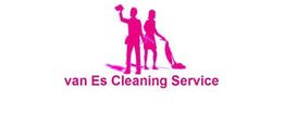Silhouetten met schoonmaakspullen en de tekst "van Es Cleaning Service" in roze.