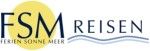 Logo von FSM Reisen mit gelber Sonne, Wellen und Text "FERIEN SONNE MEER" unter FSM.
