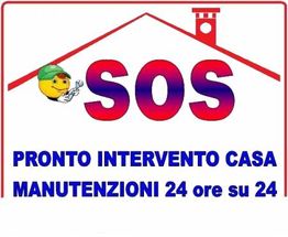 Logo SOS pronto intervento casa, manutenzioni 24 ore, con fumetto di emoji con casco e attrezzo.
