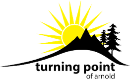 Sunrise over mountains and trees with "turning point of arnold" text below.