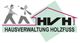 Logo der "Hausverwaltung Holzfuss GmbH" mit Dachgrafik und stilisierten Figuren mit Werkzeug.