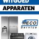 Koelkast, fornuis, wasmachine en HECO Service-logo voor reparatie van witgoedapparaten.