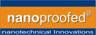 Logo mit orange und blauem Hintergrund, Text: "nanoproofed® nanotechnical innovations".