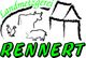 Landmetzgerei-Logo mit Tieren: Kuh, Schwein, Gänse und Fachwerkhaus-Skizzen. Text: Rennert.