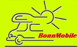 Skizze eines Wohnmobils und einer Sonne, Text "BonnMobile" in Rot auf neongelbem Hintergrund.