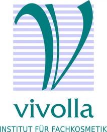 Logo von Vivolla Institut für Fachkosmetik mit großen V und lila Streifen im Hintergrund.