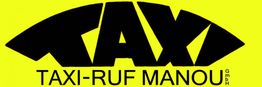 Gelbes Logo mit schwarzem Text: "TAXI TAXI-RUF MANOU".