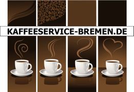 Vier Kaffeetassen mit Dampfspiralen, darüber der Text "Kaffeeservice-Bremen.de".
