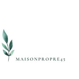 Feuille verte à gauche, texte "MAISONPROPRE45" dessous. Fond blanc minimaliste.