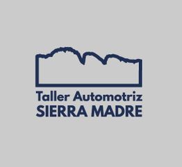 Logo de "Taller Automotriz Sierra Madre" con silueta de montañas en azul. Fondo gris claro.