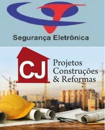 Dois logos: segurança eletrônica e construções. Capacete e plantas em fundo de obras.