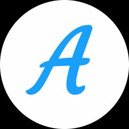 Blauer Buchstabe "A" in Schreibschrift auf weißem Hintergrund, umrahmt von einem schwarzen Kreis.