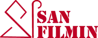 Logo de San Filmin en rojo con un diseño geométrico estilizado a la izquierda.