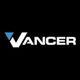 Logo with white text "Vancer" and a blue triangle on a black background.