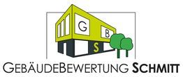 Logo mit gelbem Gebäude, Bäumen und Text "GebäudeBewertung Schmitt".
