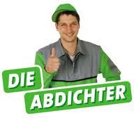 Mann in Arbeitskleidung mit Daumen hoch, Text: "Die Abdichter".