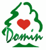 Grüner Baum mit rotem Herz und dem Schriftzug "Domin" darunter.