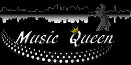 Texto "Music Queen" con corona, fondo de ciudad y pareja bailando.