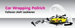 Gelbes Auto mit Text "Car Wrapping Pollrich: Folieren statt Lackieren" auf grauem Hintergrund.