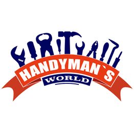 Logo mit Werkzeugen und Schriftzug "Handyman's World" in Blau und Rot.