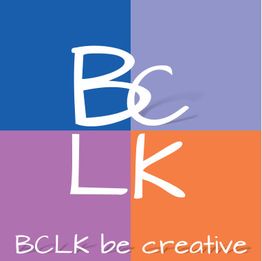 Buntes Quadrat mit "BCLK" und dem Slogan "be creative" in lila, blau und orange Feldern.