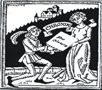 Mittelalterliche Illustration: Mensch überreicht großes Buch an eine andere Person, Burg im Hintergrund.