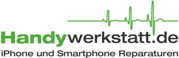 Logo von Handywerkstatt.de mit grünem Herzlinienmotiv. Text: iPhone und Smartphone Reparaturen.