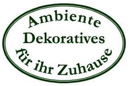 Ovales Logo mit dem Text: "Ambiente Dekoratives für ihr Zuhause" in Grün.