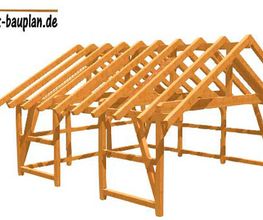 Holzkonstruktion mit Satteldachrahmen, Logo von holz-bauplan.de oben links.