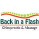 Logo with text: "Back in a Flash Chiropractic & Massage." Green dots and orange wavy line above.