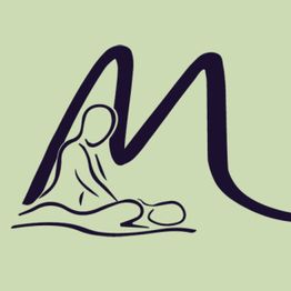 Line art of a person massaging another, forming the letter "M" on a light green background.