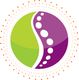 Buntes Kugellogo mit grüner und lila Hälfte, weißen Punkten und orangefarbenen Punkten außen.