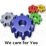 Vier Zahnräder in Blau, Grau, Rot, Grün mit Text "We care for You" unten.