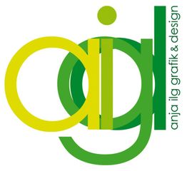 Logo mit den Buchstaben "aigl" in Grün und Gelb, daneben steht "anja ilg grafik & design".