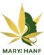 Grünes Hanfblatt mit einem Frauenprofil und der Aufschrift "MARY HANF" darunter.
