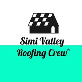 Logo of Simi Valley Roofing Crew with a black house on a teal and white background.