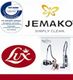 Logos von Jemako und Lux mit TÜV-Siegel und Staubsaugerabbildung.