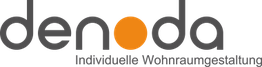 Logo mit Schriftzug "denoda" und Slogan "Individuelle Wohnraumgestaltung" in grauer und orange Farbe.
