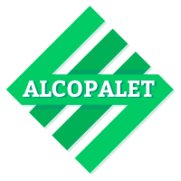 Logotipo verde con la palabra "ALCOPALET" en blanco sobre un diseño geométrico.