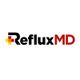 Logo with "RefluxMD" text in black and red, featuring a yellow and red cross design.