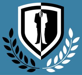 Ein schwarz-weißer Anzug auf einem Wappen, umgeben von schwarzen und weißen Lorbeerzweigen.