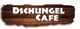 Schild mit der Aufschrift "Dschungel Cafe" auf Holzoptik-Hintergrund.