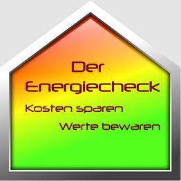 Hausform mit Farbverlauf und Text: "Der Energiecheck, Kosten sparen, Werte bewahren".