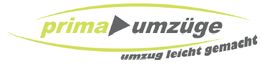 Logo mit Text "prima umzüge" und Slogan "umzug leicht gemacht" in grüner und grauer Schrift.