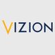 Logo with the text "VIZION" in blue and orange on a light gray background.