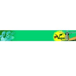 Groene banner met een windmolen en het Bio Vegan logo aan de rechterkant.