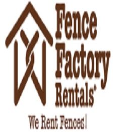 Logo for Fence Factory Rentals with a house shape and text "We Rent Fences!" in brown.