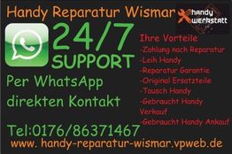 Handy Reparatur Wismar Kontaktinfo, WhatsApp-Support 24/7, Vorteile aufgezählt.