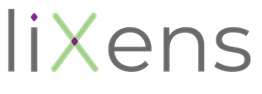 Logo de lixens avec texte gris et vert, points violets sur "i" et "X".